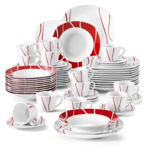 MALACASA Assiette Série FELISA 60 pièces Service de Table Complet en Porcelaine Motif à rayures blanches et rouges