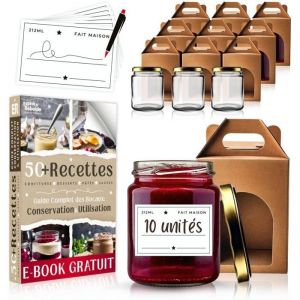 10 Bocaux en Verre 212ml + Bo&icirc;tes + &Eacute;tiquettes  E-BOOK OFFERT: +50 Recettes Confitures Conserves Desserts Sauces