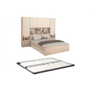 Lit pont 140 x 190 cm avec rangements - Avec LEDs - Coloris : Beige et naturel + Sommier - DOMELITO