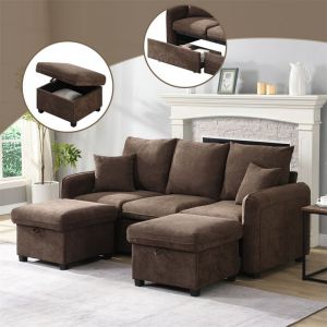 DRIPEX Canapé dangle 3/4 places en forme de U avec tiroirs et pouf de rangementCanapé convertible en tissu chenilleMarron