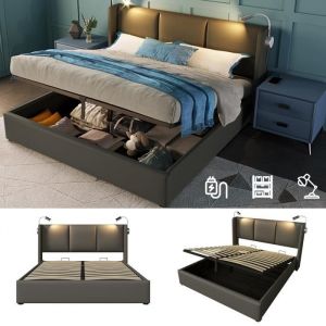 Lit Coffre Adulte Contemporain Simili - avec liseuse - Sommier et tête - l 160 x L 200 cm - Rangement - Gris