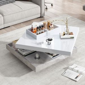 URBAN MEUBLE Table basse double plateau brillant pivotant à 360° en blanc et effet marbre grise clair 70*70cm