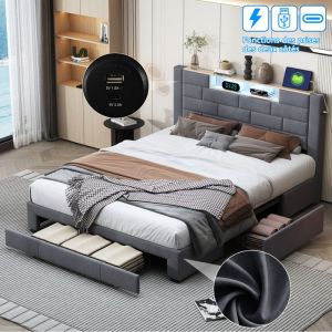 lit avec sommier 160 x 200lit 160x200 avec 3 tiroirsLit rembourré avec Lumière LED réglableDeux ports de USBveloursGris