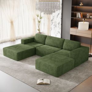 Canap&eacute; 3 places dangle modulable en Velours C&ocirc;tel&eacute; avec 2 pouf et 3 coussins 303x202x82cm Vert