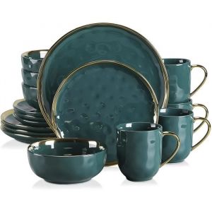 LOVECASA S&eacute;rie Sweet GE-DS04 16pcs Service de Table Complet Porcelaine pour 4 Personnes avec Garniture Dor&eacute;e-Vert fonc&eacute;