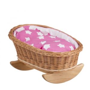 Lit poupée en osier naturel - ROSE - Berceau à bascule en bois - Convient à toutes les poupées jusquà 40 cm