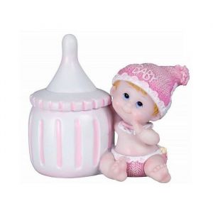 Contenant &agrave; drag&eacute;es figurine B&eacute;b&eacute; fille rose avec son biberon Boite en r&eacute;sine hauteur 75 cm