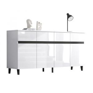Buffet Bahut Blanc Laqu&eacute; 160x40x68cm Meuble dAngle avec 4 Tiroirs 2 Portes et &Eacute;tag&egrave;res R&eacute;glables Rangement Moderne