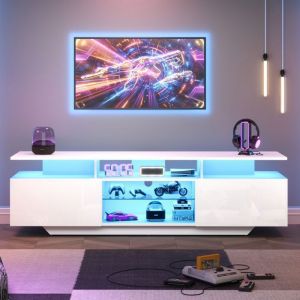 Meuble TV LED Blanc Laqu&eacute; 160 x 40 x 45 cm avec 2 Placards Verre Tremp&eacute; et &Eacute;clairage Armoire TV Moderne pour TV 70 Pouces