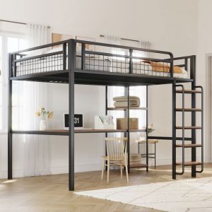 Lit mezzanine en m&eacute;tal 140 * 200cm &eacute;chelle de s&eacute;curit&eacute; avec escalier lit b&eacute;b&eacute; avec table et &eacute;tag&egrave;re lit pour adolescent barri&egrave;