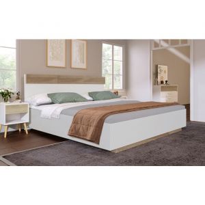 Lit 160x200 cm en ch&ecirc;ne Sonoma et blanc avec t&ecirc;te d&eacute;cor ch&ecirc;ne design suspendu et lattes int&eacute;gr&eacute;es &ndash; style moderne