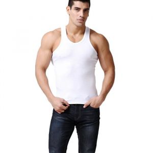 T-shirt Homme uni sans LBlanc - LEOCLOTHO - Coupe Slim - Sans manche - Col arrondi - 100% coton