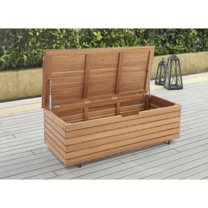 Coffre de rangement jardin en bois exotique deucalyptus FSC - 190 L - 485 x 1095 x 37 cm - Avec roulettes -  Effet Teck