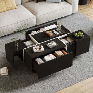 Table Basse Moderne Rectangulaire - Plateau CoulissantTable dappoint avec 4 TiroirsTable Basse pour Salon100x60x40cm - Noir