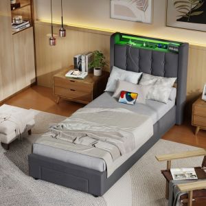 Lit Maisentiel 90x190 cm LED prise USB t&ecirc;te de lit avec rangement MDF et m&eacute;tal gris fonc&eacute; syst&egrave;me hydraulique