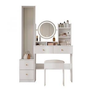 Coiffeuse 4-en-1 blanche avec miroir entier et miroir de table rotatif tabouret rembourr&eacute; rangement int&eacute;gr&eacute; et &eacute;clairage LED