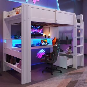 Lit mezzanine 90 x 200cm-Avec bureau int&eacute;gr&eacute; &eacute;clairage LED et tiroir-1 place-Blanc pin-HAUSS SPOLE