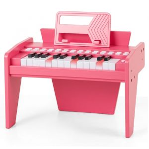 Piano Electronique pour Enfants 3Ans+ 25 Touches Lumineuses COSTWAY-VitesseVolume R&eacute;glables-Mode P&eacute;dagogiquePupitre Amovible-Rose