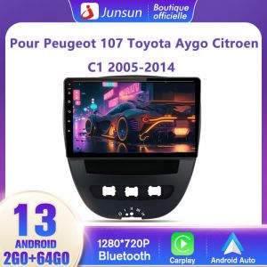 Junsun Autoradio Android 12 2Go+64Go pour Peugeot 107 Toyota Aygo Citroen C1 10 Pouces avec Carplay GPS WiFi Bluetooth Android Auto