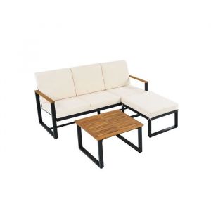 SogesHome Salon Bas De Jardin Canapé dAngle Table & Pouf en Acier Zingué et Bois Acacia Beige/Noir