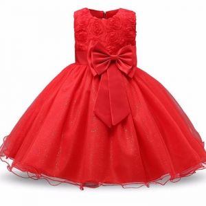 Robe C&eacute;r&eacute;monie Princesse B&eacute;b&eacute;-Fille Sans Manches en Tulle Robe de Bal Avec Ceinture Noeud Papillon - Rouge