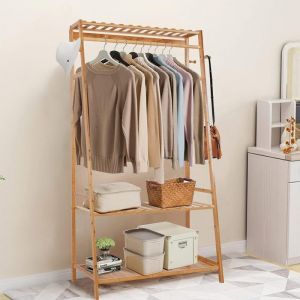 Penderie à Vêtement Bambou - Espace Rangement Chaussure Sac - Portant Solide pour Habit - Salon Chambre Dressing