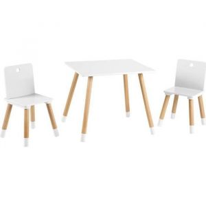 ROBA Ensemble Table + 2 Chaises pour Enfants en Bois Laqu&eacute; Blanc - 3 Pi&egrave;ces - Pieds en Bois Massif