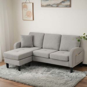 Canap&eacute; modulable 3 places 166x110x77cm - convertible - tissu velours c&ocirc;tel&eacute; - avec chaise longue - pieds en plastique - gris clair