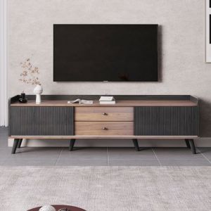 Merax Meuble TV bas avec tiroirs - Meuble TV moderne avec deux portes coulissantes - Table TV pour salon  - Noir H58/L160/P40 cm