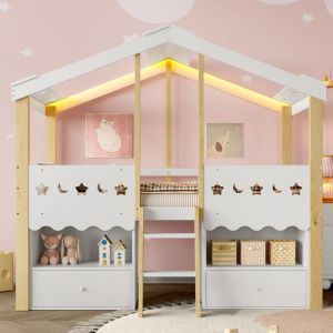 Lit mezzanine mi-hauteur 90 x 200 cm lit cabine pour enfant avec bande lumineuse LED tiroirs et compartiments de rangement blanc