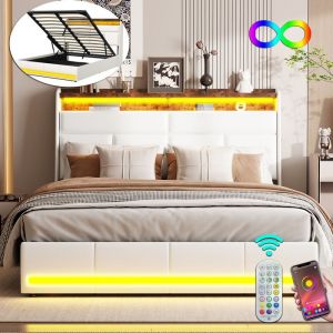 Lit 160x200 cm LUMINARIX Lit double Support &agrave; ressort &agrave; gaz Lit Coffre LED Lit rembourr&eacute; Blanc lit adulte Tissu en cuir artificiel