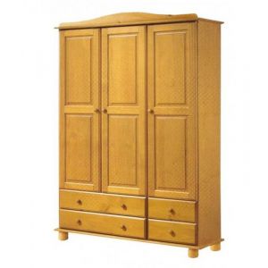 Armoire meuble de rangement en pin massif coloris miel avec 3 portes et 4 tiroirs
