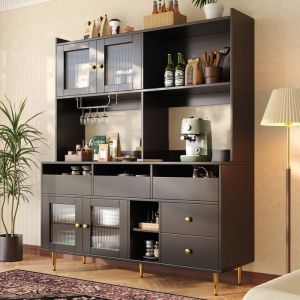 Buffet haut 145&times;39&times;171 cm avec porte vitr&eacute;e Buffet de cuisine avec &eacute;tag&egrave;re &agrave; verres &agrave; vin Buffet salle a manger en noir