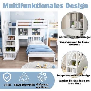 Lit Superpos&eacute; avec Bureau et Rangement Escalier avec Tiroir Structure en Bois de Pin 90x200cm Lit Mezzanine Blanc