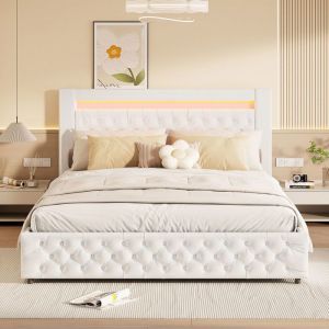 Lit LED coffre double adulte 160 x 200 cm Tissu en Cuir Sommier à lattes inlcus Style contemporain 2 personnes PU Blanc