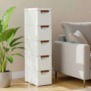 Meuble de Rangement 42x19x90 cm Commode &agrave; 5 Tiroirs avec 4 Roulettes Silencieuses - pour Salle de Bain Salon - Plastique - Blanc