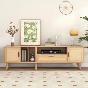 Meuble TV Bois - Meuble TV Rotin avec 2 Portes et 1 tiroir - Scandinave Moderne - 180cm Banc TV Meuble T&eacute;l&eacute; pour t&eacute;l&eacute;vis