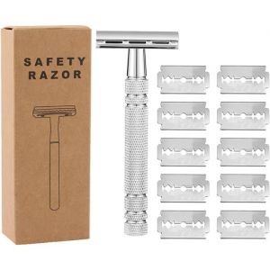 Rasoir de S&eacute;curit&eacute;avec 10 Lames Rasoir S&eacute;curit&eacute;Traditionnel Inox Manuel Rasoir de S&eacute;curit&eacute; pour Homme and Femme Safety Razor Kit