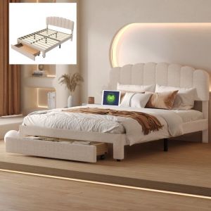 Lit double rembourré 160x200 cm Lit adulte avec grand tiroir chargement USB et Type-C tête de lit réglable Teddy fleece Beige