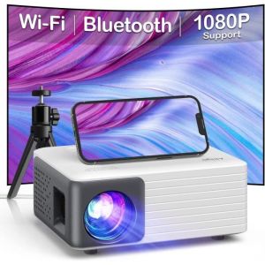 Vidéoprojecteur WiFi Bluetooth AKIYO Mini Projecteur Portable avec Trépied 720P Natif Supportée 1080P Projecteur Video Home
