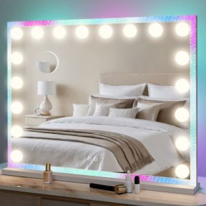 80x60cm Miroir de Maquillage Hollywood 18 LED RGB Diamant Miroir 3 Modes Réglable Écran Tactile 10x Loupe Blanc