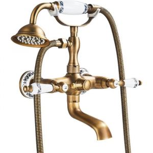 JUNSOTTOR Robinet de Baignoire Douche Mitigeur Baignoire Retro Avec Poignée thermostatique en porcelaine bleue et blanche
