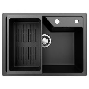 60x45CM &Eacute;vier de Cuisine Noir en Granit - &Eacute;vier 1 Bac avec Basket et Drainage - pour Armoire de 60 cm