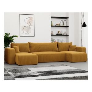 Canap&eacute; dangle Panoramique PIANO U - 7 places - Canape Convertible avec Coffre - Tissu Velours Cotel&eacute; - Moutarde