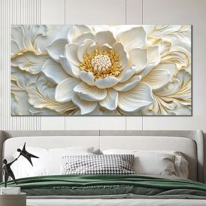 Impression sur toile Or Fleurs Botanique 70x140cm Tableaux Tableau D&eacute;co Mural Image Murale Salon Motif floral blanc sans cadre