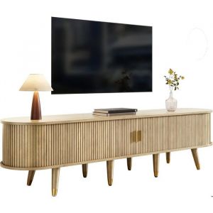 Meuble TV bas 175 cm avec porte coulissante en rotin aspect Ch&ecirc;ne avec compartiments ouverts et tiroirs style maison de campagne