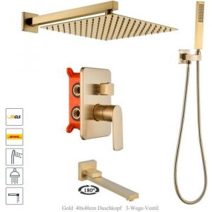 Colonne de Douche Encastrée doré laiton- Ensemble Douche Encastrable -Tête de douche carrée 40cm- 3 modes avec mitigeur de douche