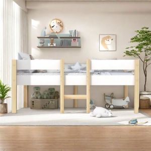 Cabane Enfants 90x190 Lit Superposé Double avec Protection Anti-Chute en Bois de Pin Massif Blanc et Chêne