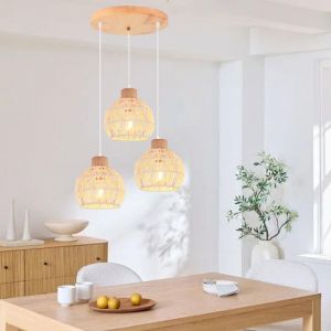 iDEGU Rétro Suspension Luminaire en Cage Lustre Vintage Réglable Lampe de Plafond Industriel en Rotin Blanc pour Salon Chambre
