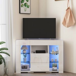 Meuble TV dangle Blanc Buffet Moderne Table TV Brillance avec Lumières LED Etagères en Verre 100x40x68cm